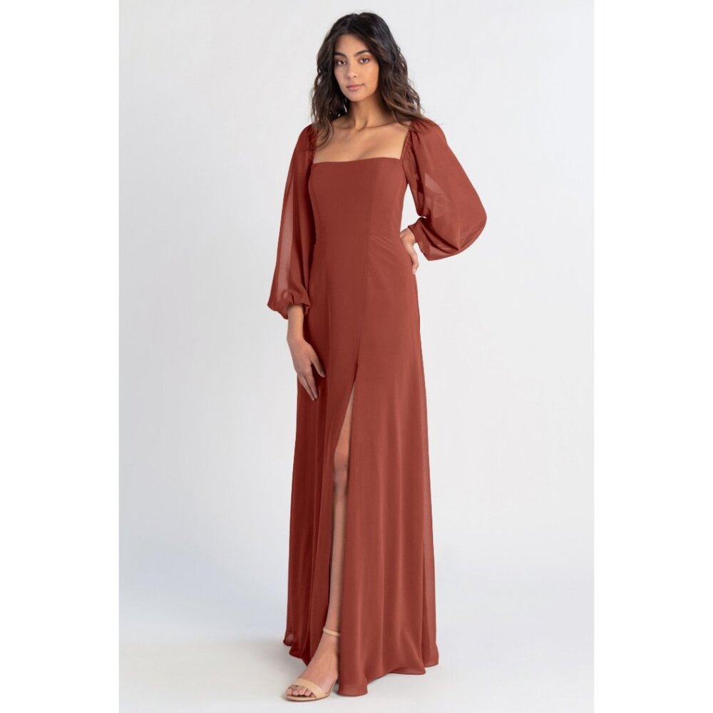 Jenny Yoo Althea Floor-length chiffon bridesmaid dress. Long sleeve. Slit